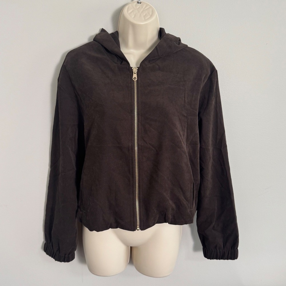 NWT Zara Dark Brown Soft Hooded Bomber Jacket Zip Front Sz M